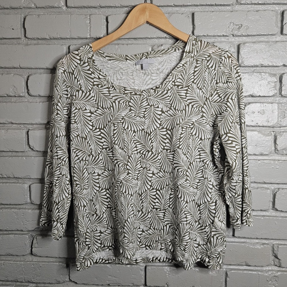 Pure Collection Womens Shirt 14 Linen Green Leaf Knit 3/4 Sleeve Portugal